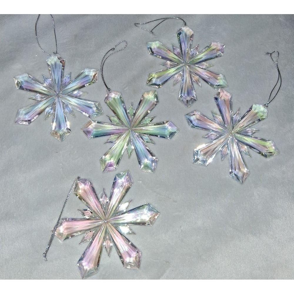 Set of 5 Iridescent Crystal Look Snowflake Christmas Ornaments 4"